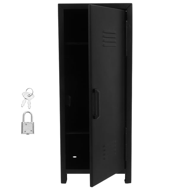 unbranded gabinete metálico con llave para almacenamiento seguro en oficina y dormitorio negro Gabinete metálico negro, vista frontal 3/4 con puerta entreabierta que revela dos estantes interiores y asa vertical; ventilaciones estampadas y orificio en la base; incluye cerradura con llaves; compacto 27.5 x 10.8 x 10.8 cm, apto para organizar documentos y objetos personales en escritorio o dormitorio; también suele usarse para guardar pequeños accesorios electrónicos durante viajes.