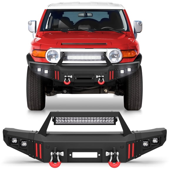 POFENZE Front Bumper for 2007-2008-2009-2010-2011-2012-2013-2014Toyota FJ Cruiser Steel Bumper with Winch Plate and Lights