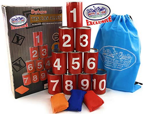 Matty's Toy Stop Deluxe Tin Can Alley Bean Bag Toss Carnival Game with Bonus Storage Bag - Includes 10 Tin Cans, 3 Bean Bags & Storage Bag
