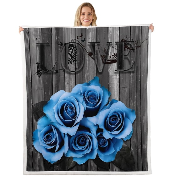 Blue Rustic Rose Floral Throw Blanket For Bed Couch Twin 60"X80",Valentine'S Day Sherpa Blanket Blue Black Romantic Flower Fleece Blanket Pastoral Country Flannel Blanket Retro Aesthetics Room Decor