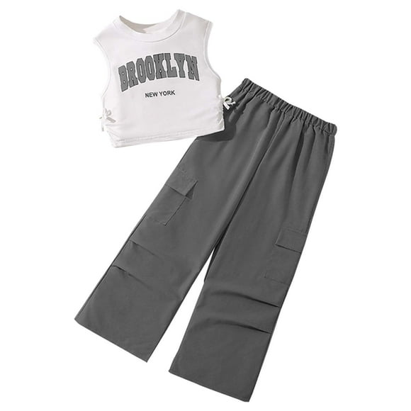 GDREDA Robe Bébé Fille Été Débardeur Sans Manches à Lettres et Ensemble de Pantalons Décontractés pour Grands Enfants Gris, 9 Ans