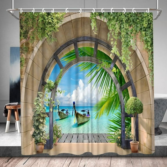 Mediterranean Style Scenic Shower Curtain – Ocean Summer Coastal Scenery Beach Palm Tree Garden Landscape – Bathtub Curtains with Hooks (36"x70") – Transform Your Bathroom into a Relaxing Coastal R