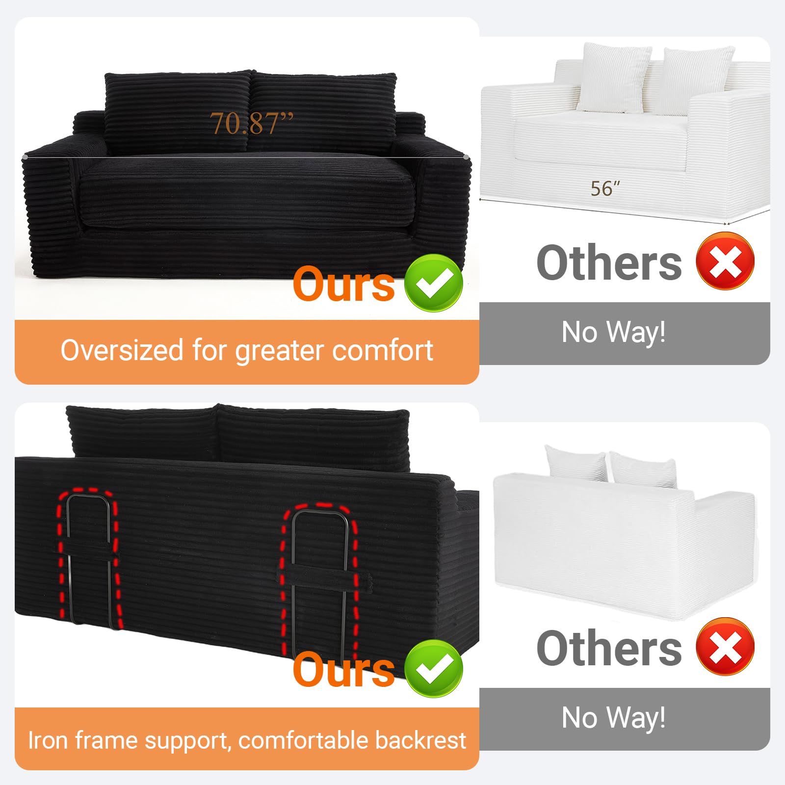 Loveseat Sofa Bed Boneless Couch, Convertible 2-in-1 Design, Corduroy Fabric - Compact Memory Foam Couch for Small Spaces, Apartments, Home Office & Bedroom (Black)