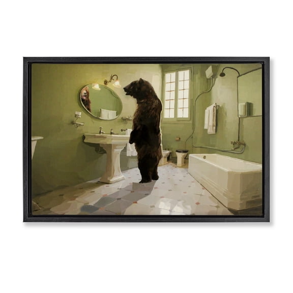 The Houseguest Bear in Bathroom Black Framed Floater Canvas Wall Art, design by Keith Thomson