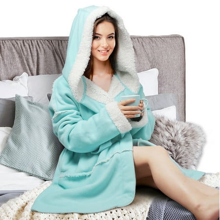 Plush Hooded Robe for Women Soft Warm Short Fleece Bathrobe, 4 Color-Selection by