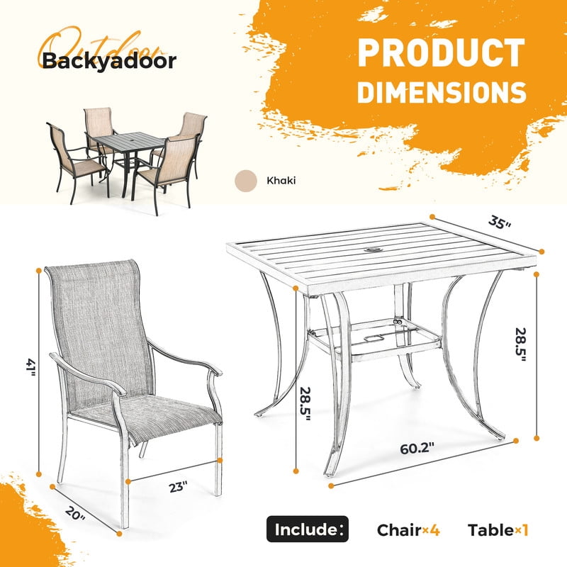 5-Piece Patio Dining Sets, Outdoor Conversation Set, 4 Textilene Dining Chairs and 1 Square Dining Table with Iron Slat Table Top