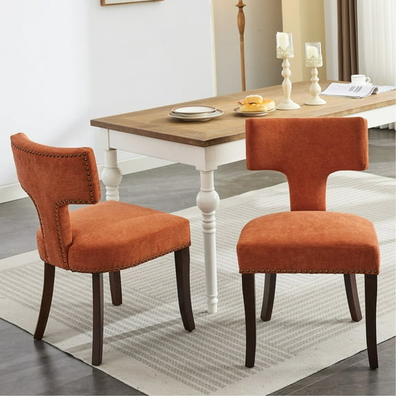 Mid Century Modern Dining Chairs Of 2, Orange. Linen Fabric Chair With Curved And Copper Nails Decoration. Hardwood Frame, High Rebound Foam Cushion Steel Spring. Ergonomic Relaxing. Splayed Legs,