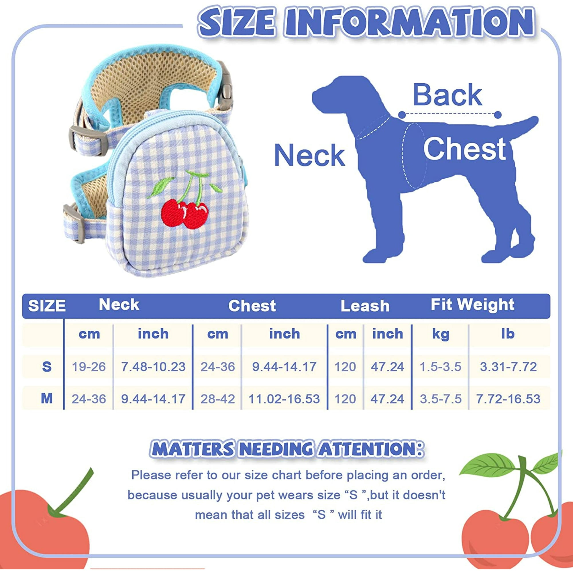 ShenMo Dog Harness Backpack and Leash Set Cute Fruit Print Mesh Detachable Puppy Harness Pet Travel Hiking Food Carrier Bag for Small Medium Dogs Blue S Walmart
