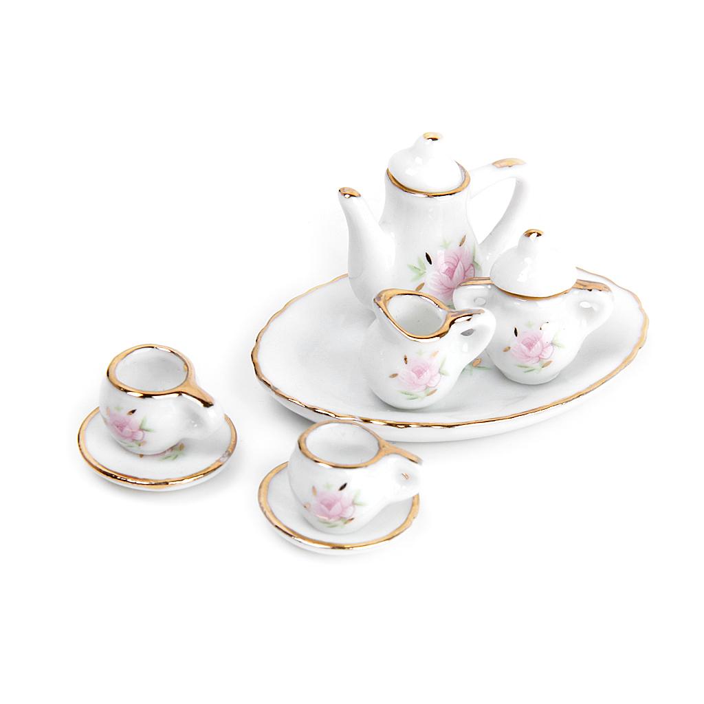 8pcs Dollhouse Miniature Dining Ware Porcelain Tea Set Dish Cup Plate Floral - image 4 of 8