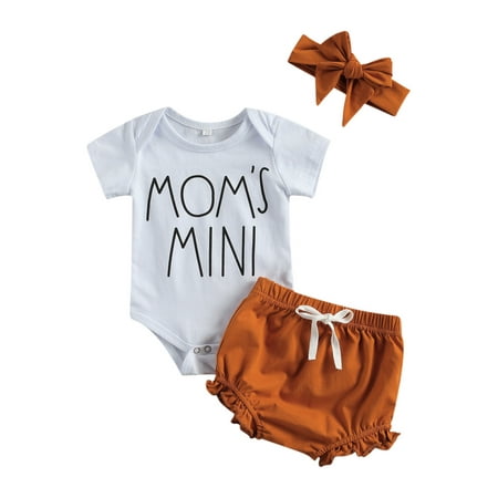 

Suanret Newborn Girl Short Sleeve Set Infant Letter Print Top Solid Color Short Pants and Hairband 3PCS Suit White 0-6 Months