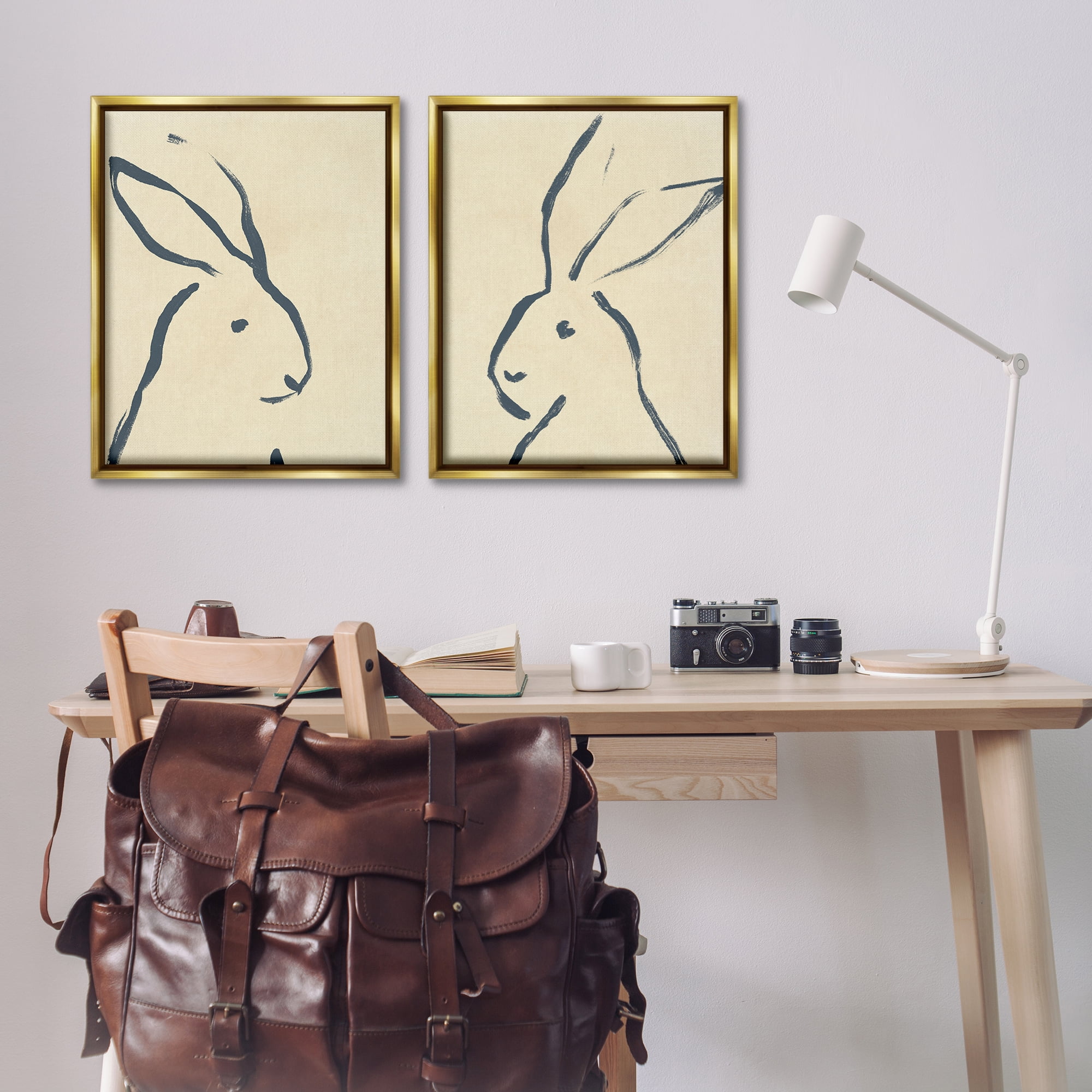 Stupell Industries Minimalist Rabbit Line Portrait Animals Drawing Gold Floater Framed Canvas Art Print Wall Art, 31 x 25, Set of 2