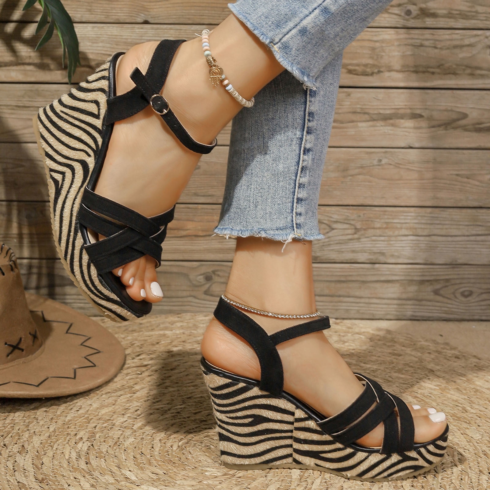 Womens Platform Sandals Wedge Ankle Strap Striped Heel Open Toe