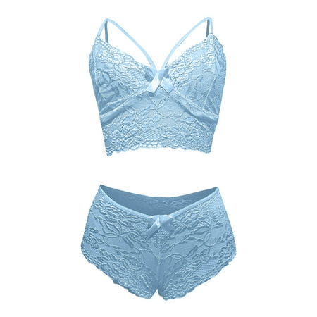 Odeerbi Lace Lingerie for Women 2025 Fashion Sexy Corset Floral Bralette Bra Two Piece Underwear Tops with Briefs Suit Sky Blue
