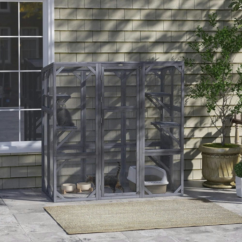 Resenkos Cat Cage, Cat Crate Kennel Enclosure Playpen,Large Wooden Catio Outdoor with 6 Jumping Platforms, Weatherproof Roof,Gray