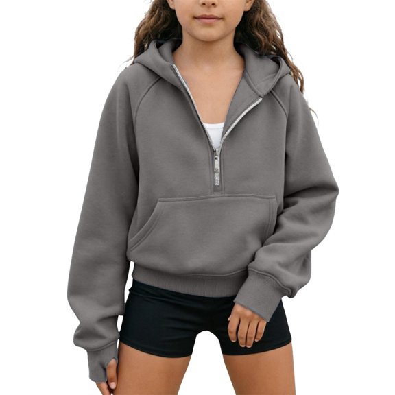 OOOUM Girls Half Zip Hoodie Raglan Sleeve Thumb Holes Kangaroo Pocket Solid Color Loose Fit Soft Warm Sweatshirt Top,2-3 years