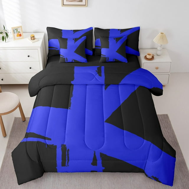 Erosebridal Blue Splash Ink Bed in a Bag Full Size,Abstract Geometric Stripes Bed Set,Black Modern Desgin Bedding Full Size,Ultra Soft Bedroom Decor Reversible,7 Pieces