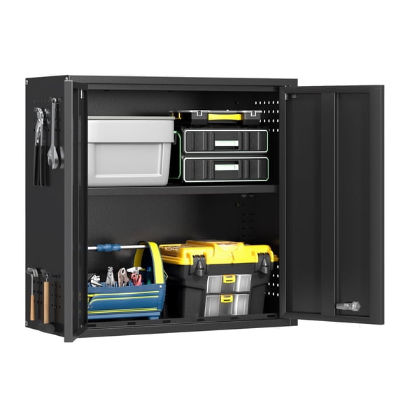 Topass Metal Wall Cabinet with Lock，Garage Storage Cabinet, Wall-Mounted Utility Cabinet with Adjustable Shelf & Locking Doors for Workshop, Laundry Room, or Home Office – Easy Assembly, Black