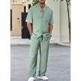 thumbnail image 3 of Men's 2 Piece Outfits Textured Button Short Sleeve Shirt Drawstring Waist Loose Pants Set Tracksuits Vacation Outfit Army Green L, 3 of 6