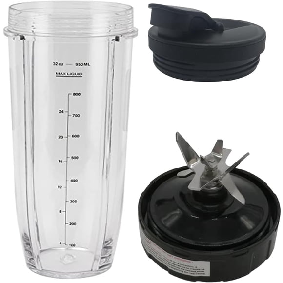 Replacement Blade with 6 Fins Plastic Gear on Bottom(FEMALE FINS ONLY) with 32oz cup and spout lid for NUTRI NINJA PRO OR Auto-iQ BlenderBL451 30 DOB/BL455 30 DOB/BL456 BRN 30 DOB/BL482 30(3)