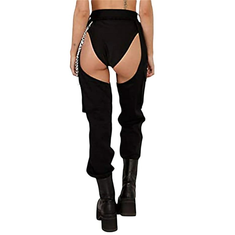 Women Buckles Bottomless Pants Rave Chaps Ladies Sexy High Waist Cargo  Trouser Crothchless Block Boggy Trousers Long Rave Legging 