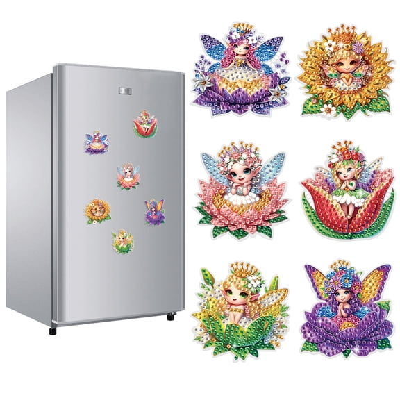6pcs Diamond Painting Kit Fridge Magnets Flower Fairy DIY Glitter Magnetic Stickers Creative Handmade Fridge Decor Perfect for Kitchen Decor and Holiday Gifts