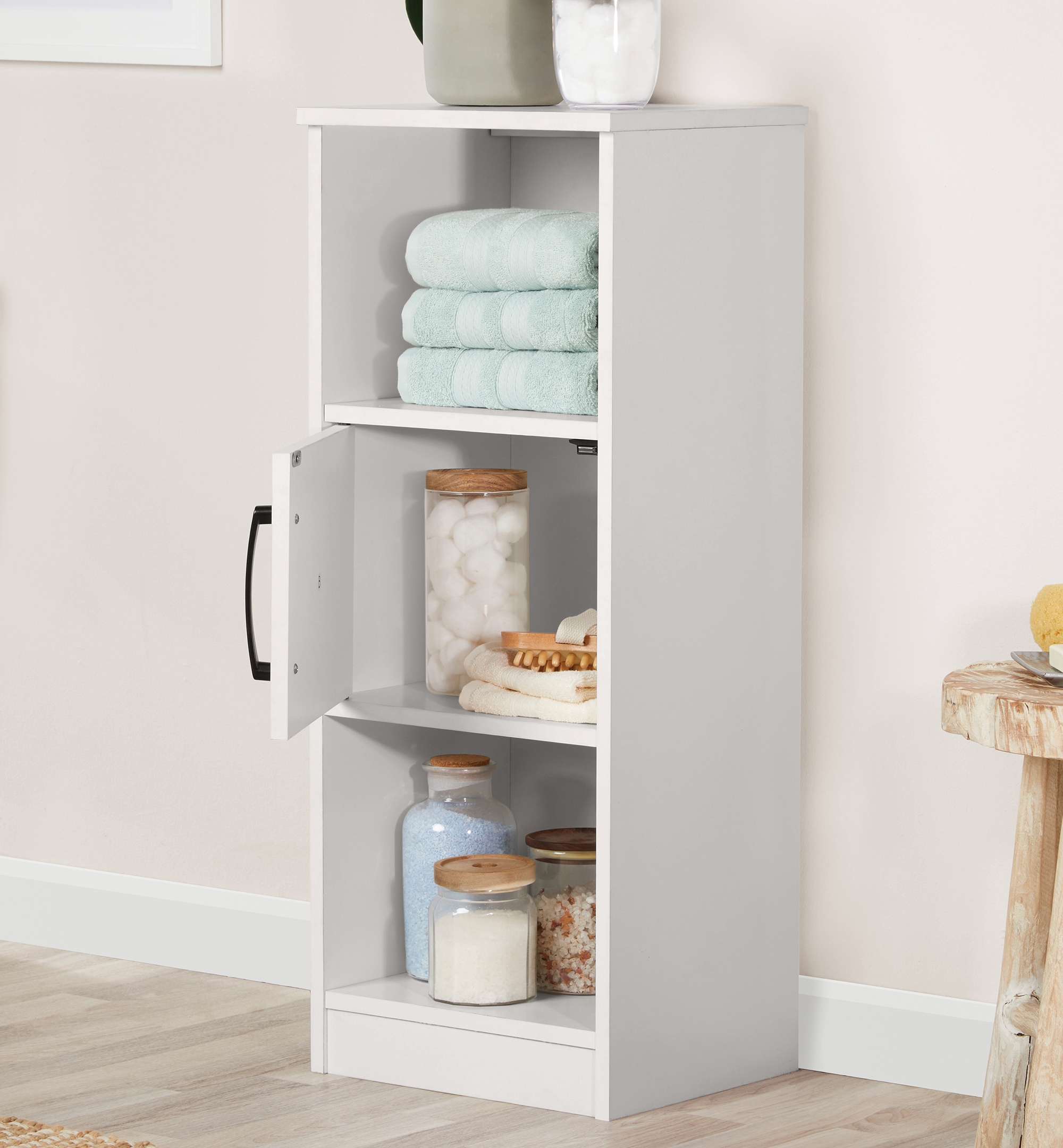 MAINSTAYS ARDENT 3 TIER STORAGE TOWER WITH DOOR AND OPEN SHELVES IN WHITE
