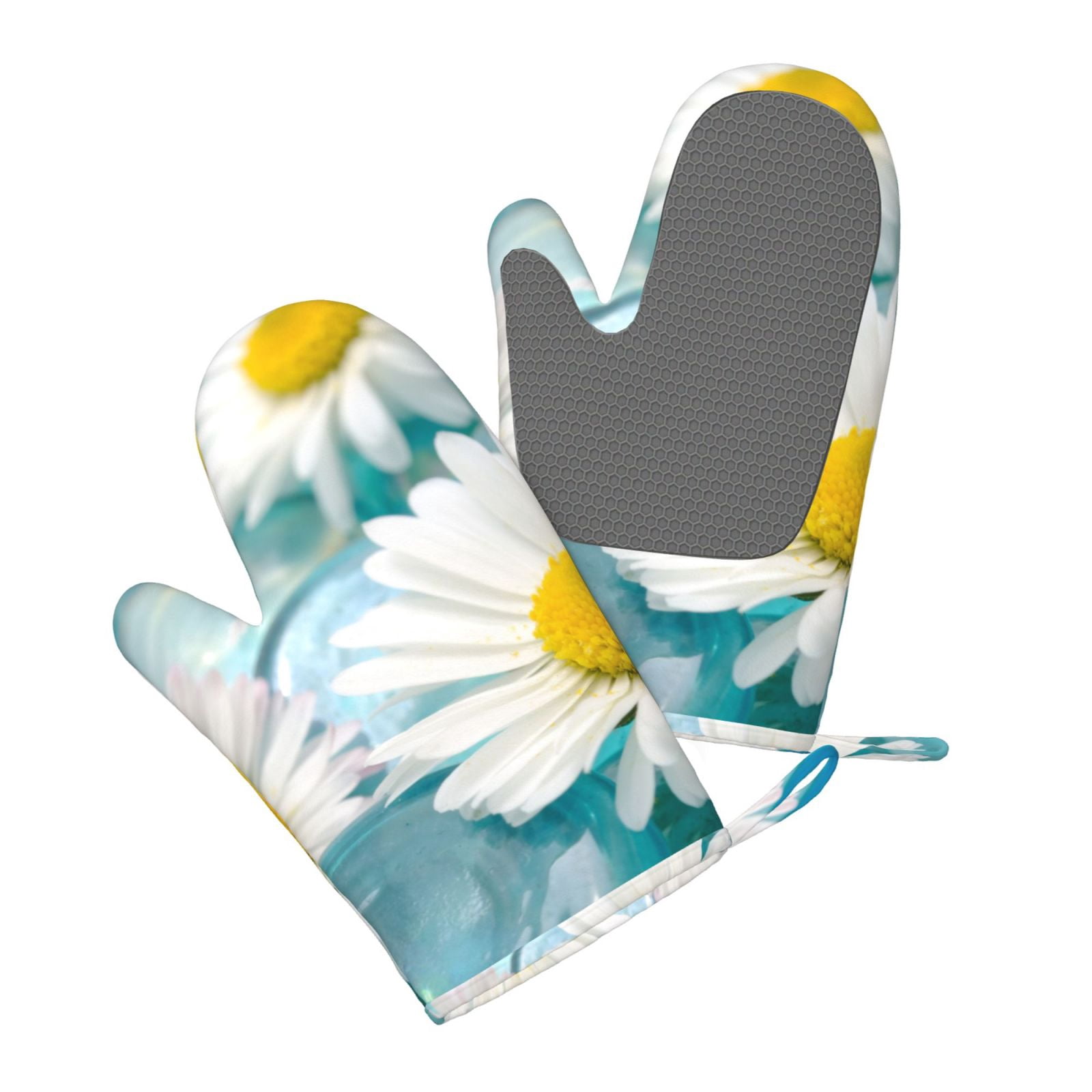 Hirioo Daisy Flowers for Silicone Oven Mitts for BBQ, Baking, Cooking, Set of 2, Heat Resistant 260℃, Non-Slip Kitchen Essentials