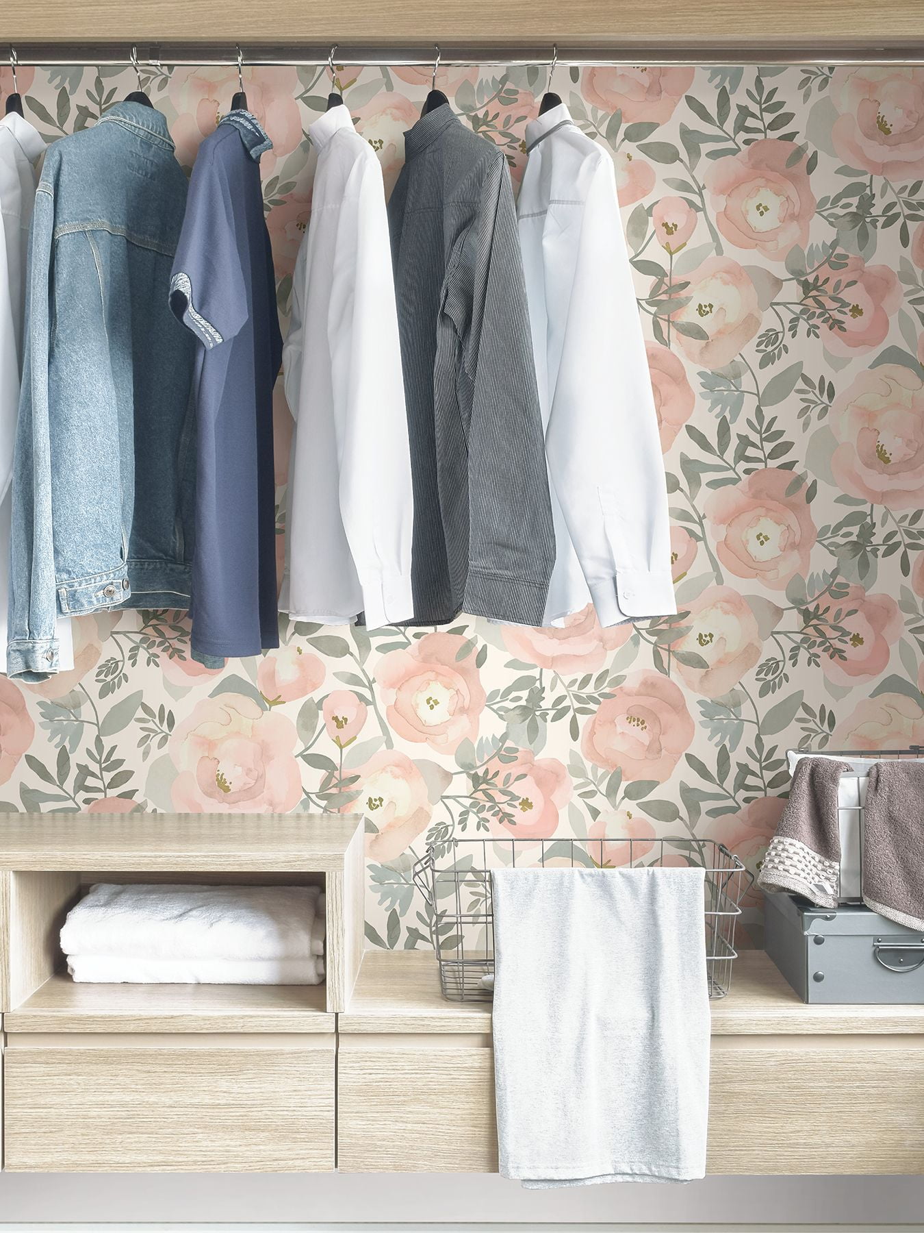 NuWallpaper Rose Peachy Keen Vinyl Peel And Stick Wallpaper, 216-in by 20.5-in, 30.75 sq. ft.