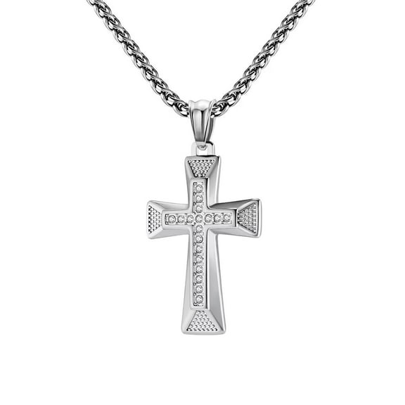PAMTIER Unisex Stainless Steel Hip Hop Crystal Micro-Pave Iced Out Round Zircon Inlay Cross Pendant Amulet Crucifix Necklace Silver 23.6" Chain