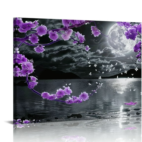 Pratyus Moon Water Flowers Canvas Wall Decor For Bedroom Kitchen Bathroom Ready To Hang Art 16x12in