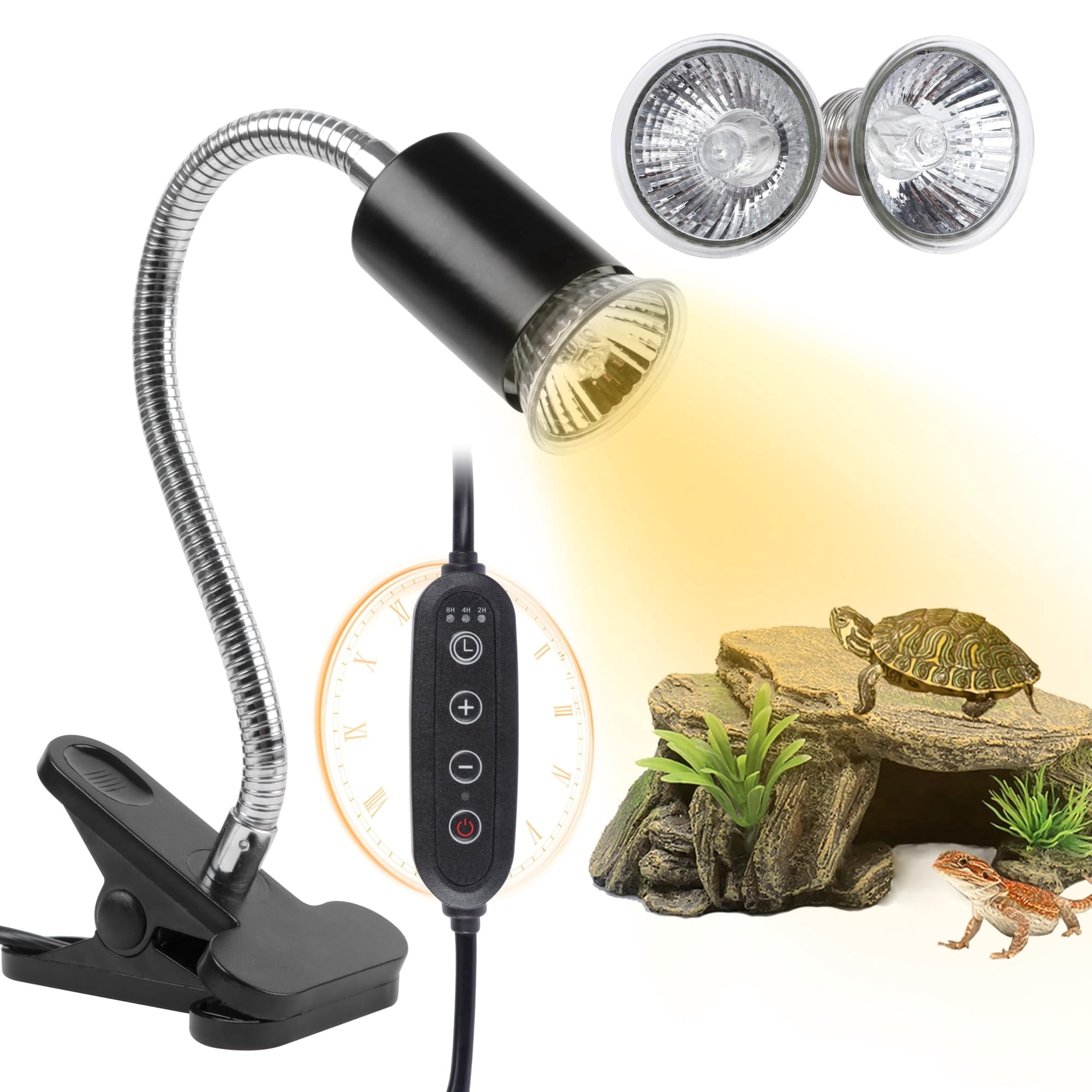 FINAQUA UVA/UVB Turtle Heat Lamp with Timer, 2-Pack 25W Basking Bulbs for Tortoise & Reptiles