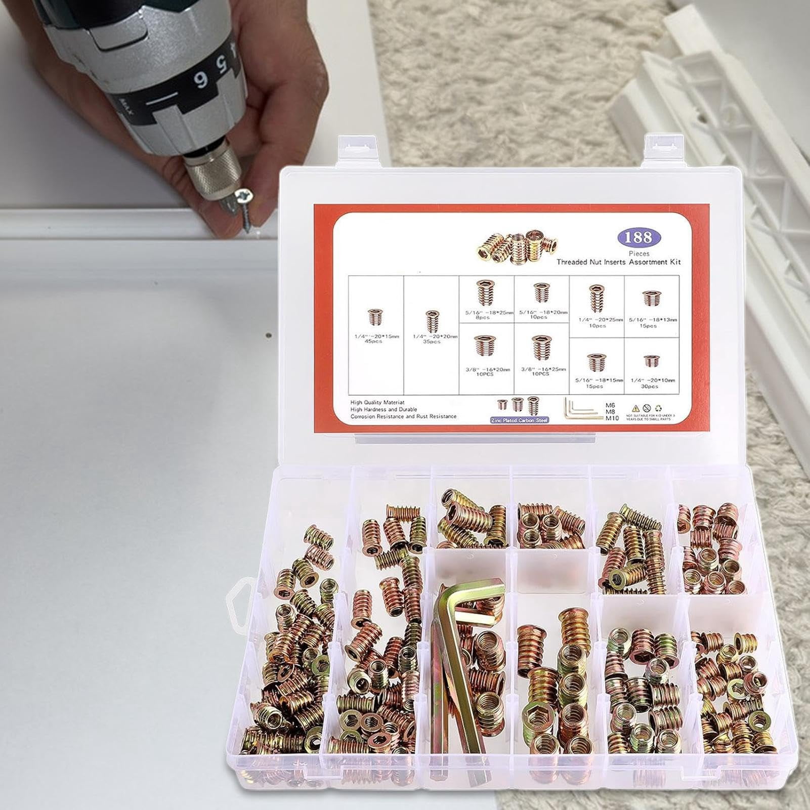 Wood Threaded Insert Socket Fastener Set Hex Wrench Spanner for Furniture Woodworking Craft (A)