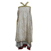 Mogul  Beach Wrap Dress White Printed Two Layer Reversible Silk Sari Long Skirt Beach Wear