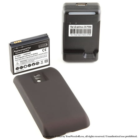 Lg Optimus Q Extended Battery YN4L® 3500mAh Extended Battery for LG Optimus 2X P990 G2X with Black Extended Back Cover + Wall Dock Charger Bundle ()