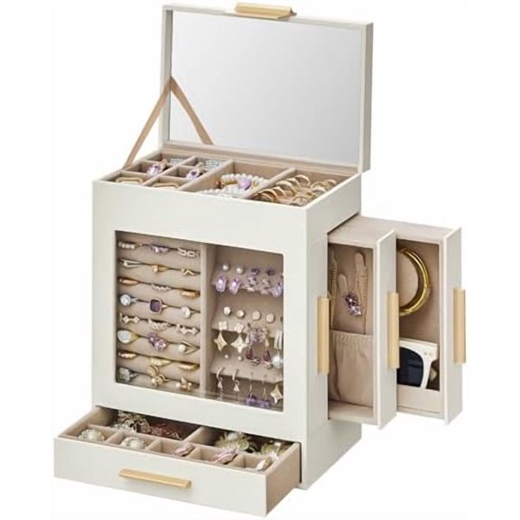 Jewelry Box with Glass Window, 5-Layer Jewelry Organizer with 3 Side Drawers, Jewelry Storage, with Big Mirror, Modern, 5.1 x 7.9 x 9.7 Inches, Cloud White and Metallic Gold UJBC172W01