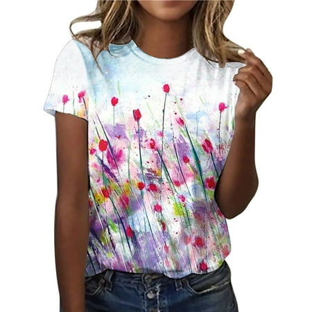 

Fsqjgq Short Sleeve Scrub Jackets Women Daily Floral Print O Neck Tops Short Sleeve Round Neck Tee Shirt Printed Flower Loose Side Split Blouse Christmas Jumpsuit Women White L