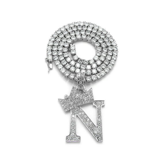 iJewelry2 Kings and Queens Crowned Initial Letter N Pendant Silver-tone CZ Tennis Chain Necklace 18''