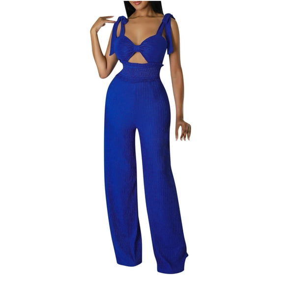 Womens Summer Jumpsuits Elegant One Piece Outfits Tie Knot Wide Leg Long Straight Pants Rompers Solid Color High-Waist Pleated Jumpsuit