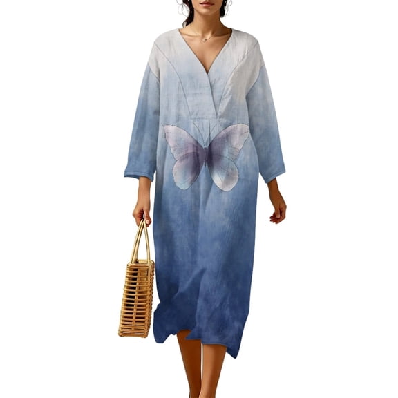 DISNIMO Butterfly Print Womens Summer Dresses Casual 3/4 Sleeve Maxi Dress V Neck Loose Dresses Fashion Linen Style Dress for Women, S