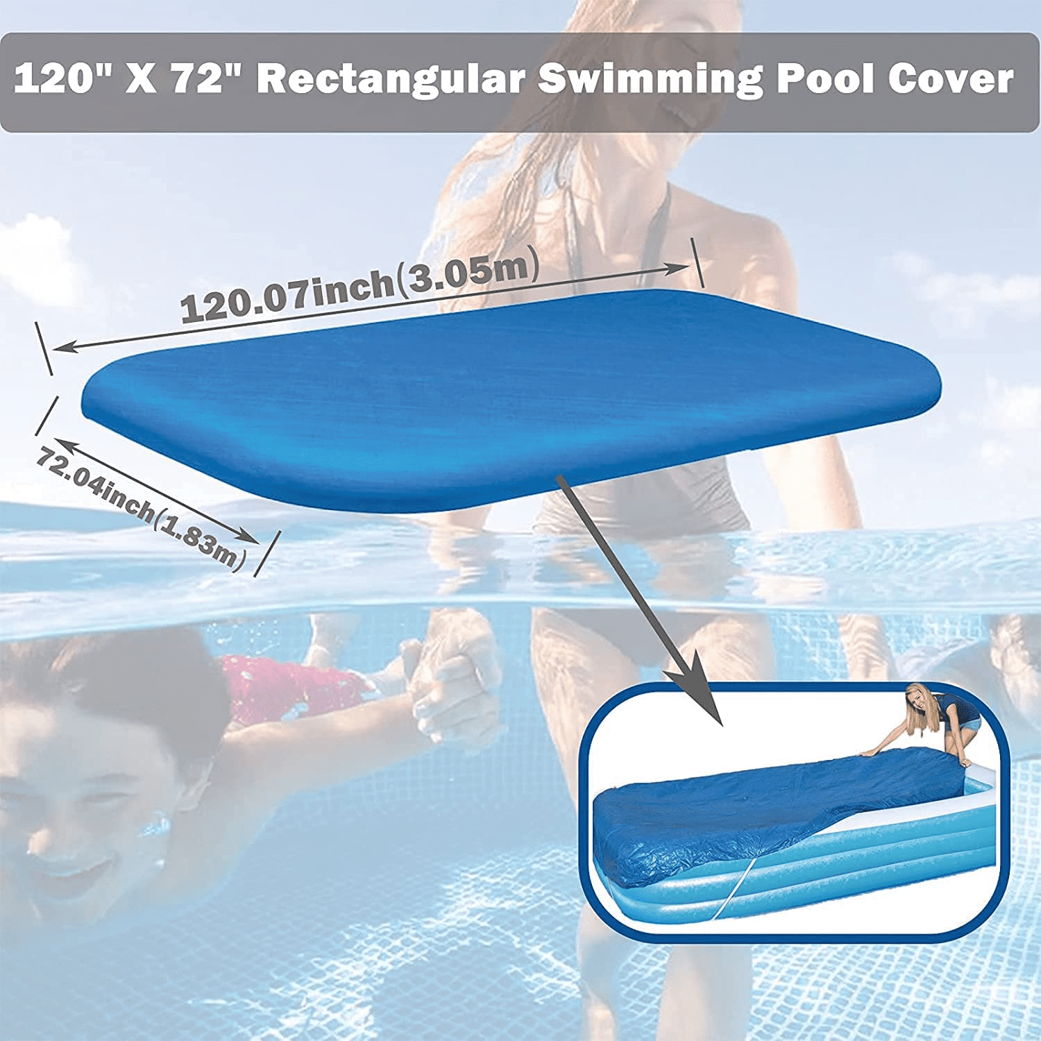 Rectangular Pool Cover, Fits 120 in x 72 in Rectangle Inflatable Pool, Portable Inflatable Swimming Pool Cover