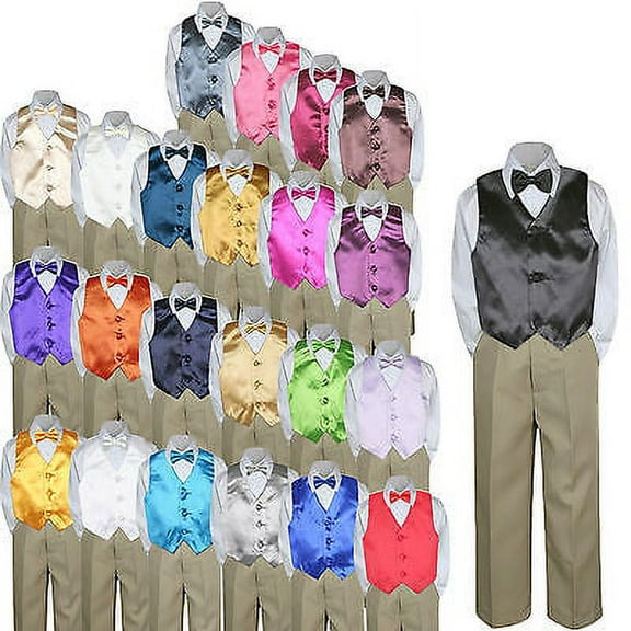 23 Color 4pc Boys Suits Vest Bow Tie Set Baby Toddler Kid Formal Khaki Pants S-7