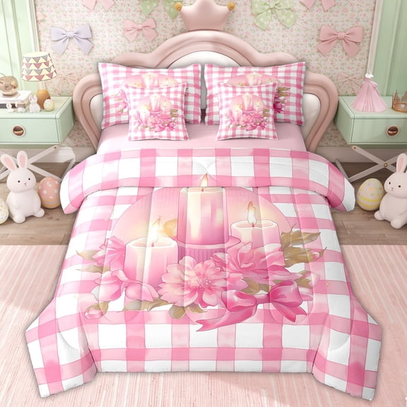 Erosebridal Happy Easter Girls Twin Bedding Sets, Pink Flower Bow Bedding Comforter Set, 7 Pieces