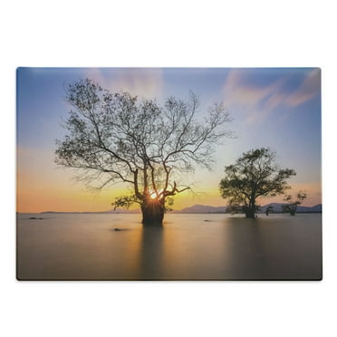 Coastal Cutting Board, Dawn Time Rising Sun at Seascape with Autumn Trees in Water Habitat Theme, Decorative Tempered Glass Cutting and Serving Board, Large Size, Blue Yellow, by Ambesonne