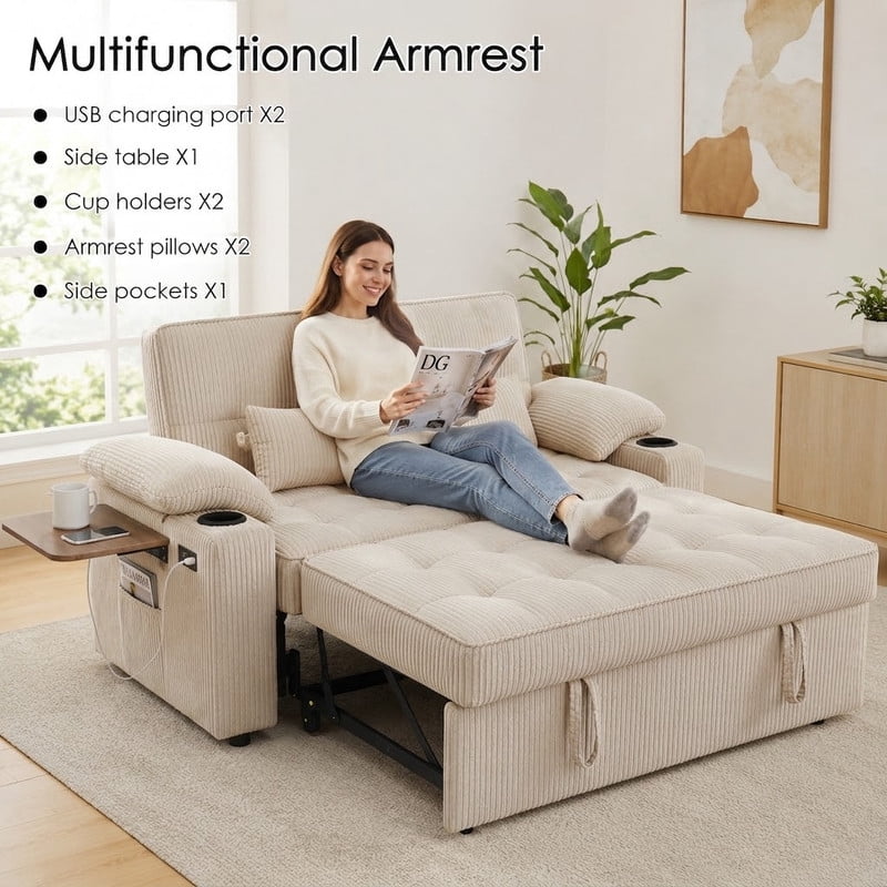 58" Sleeper Sofa Bed, Full Size Pull Out Couch, Convertible Loveseat Sofa with 5-Level Adjustable Backrest, USB Charging Ports, Cup Holders & Foldable Side Table, for Living Room, Apartment & Office