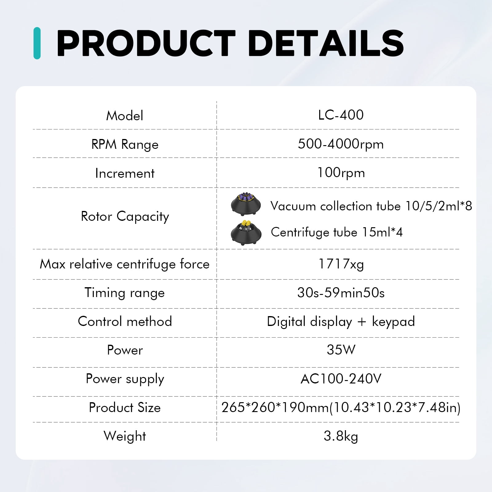 LAB FISH LC-400 Low Speed Benchtop Centrifuge Machine, 4000 RPM Max, 1717 xg, Timer 30s-59min, for PRP/PRF/Plasma, Holds 4x15ml or 8x2/5/10ml Test Tubes, Compact for Lab Use