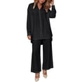 thumbnail image 2 of Cagogo Women's 2 Piece Long Sleeve Shirt Wide Leg Pants Set Casual Lounge Outfits Solid Collared Top Matching Lounge Set Airport Travel Clothes, Black M, 2 of 7