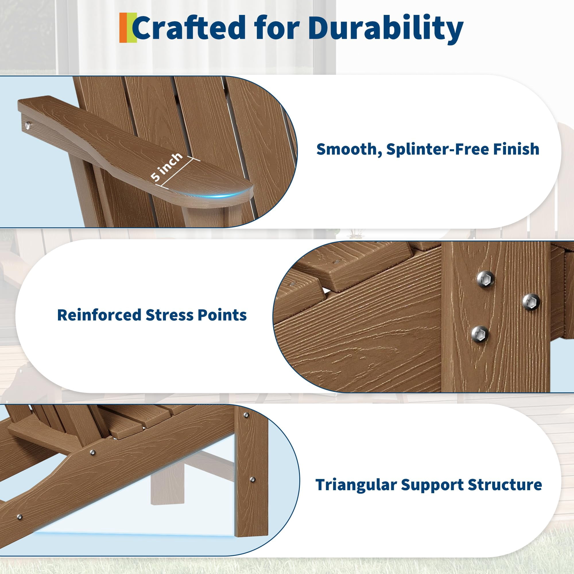 Adirondack Chair for Patio, HDPE Outdoor Adirondack Chairs with Wood Grain Texture, Weather Resistant Plastic Lawn Chair for Garden Backyard Deck Fire Pit Poolside, Heavy Duty Outdoor Seating