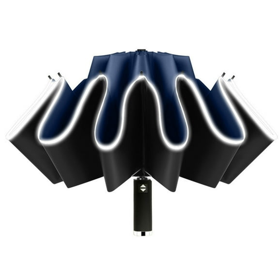 12 Ribs Fully Automatic UV Umbrella Reflective Stripe Large Reverse Parasol For Rain Sun Heat Insulation Dark blue