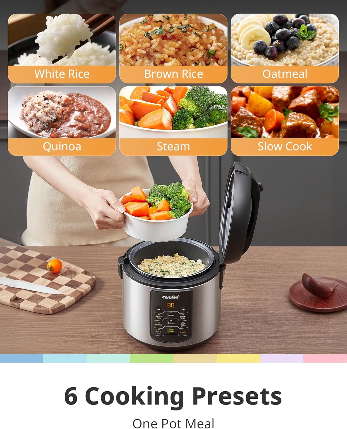 Compact Rice Cooker 6-in-1 Multi Cooker Stainless Steel Slow Steamer Saute Warmer 2QT 8 Cups Brown Quinoa Oatmeal