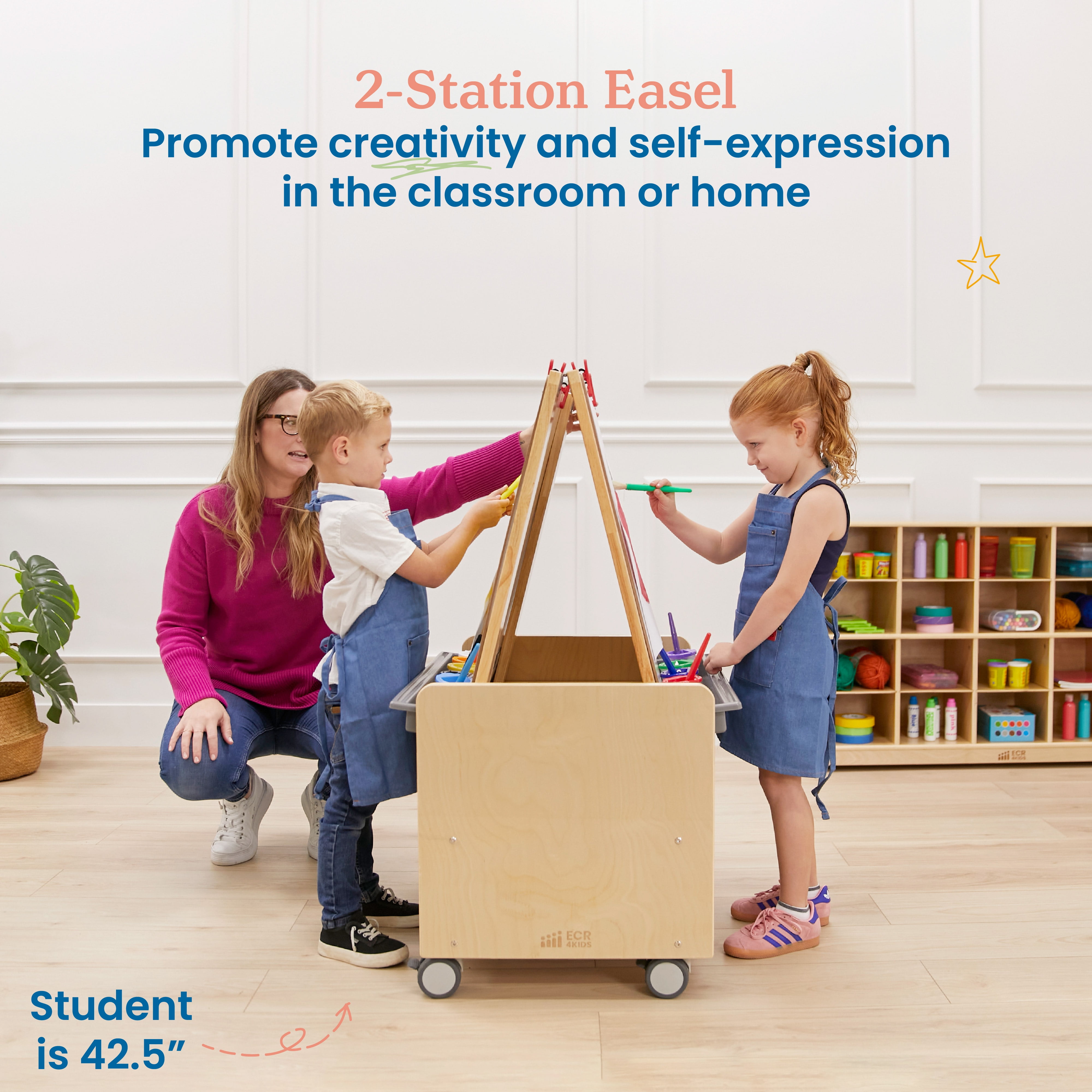 ECR4Kids Double-Sided Mobile Art Easel with Storage and Clips, Classroom Supplies, Natural